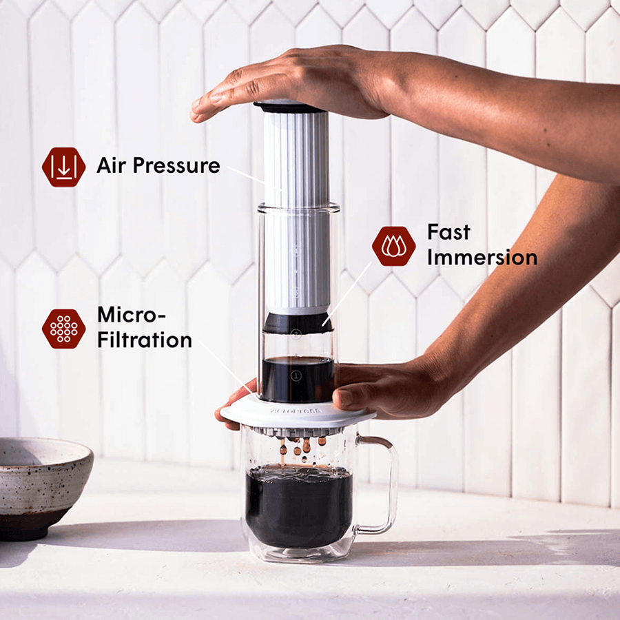 Person using am AeroPress Premium coffee maker with text labels for air pressure, fast immersion, and micro-filtration. #color_white
