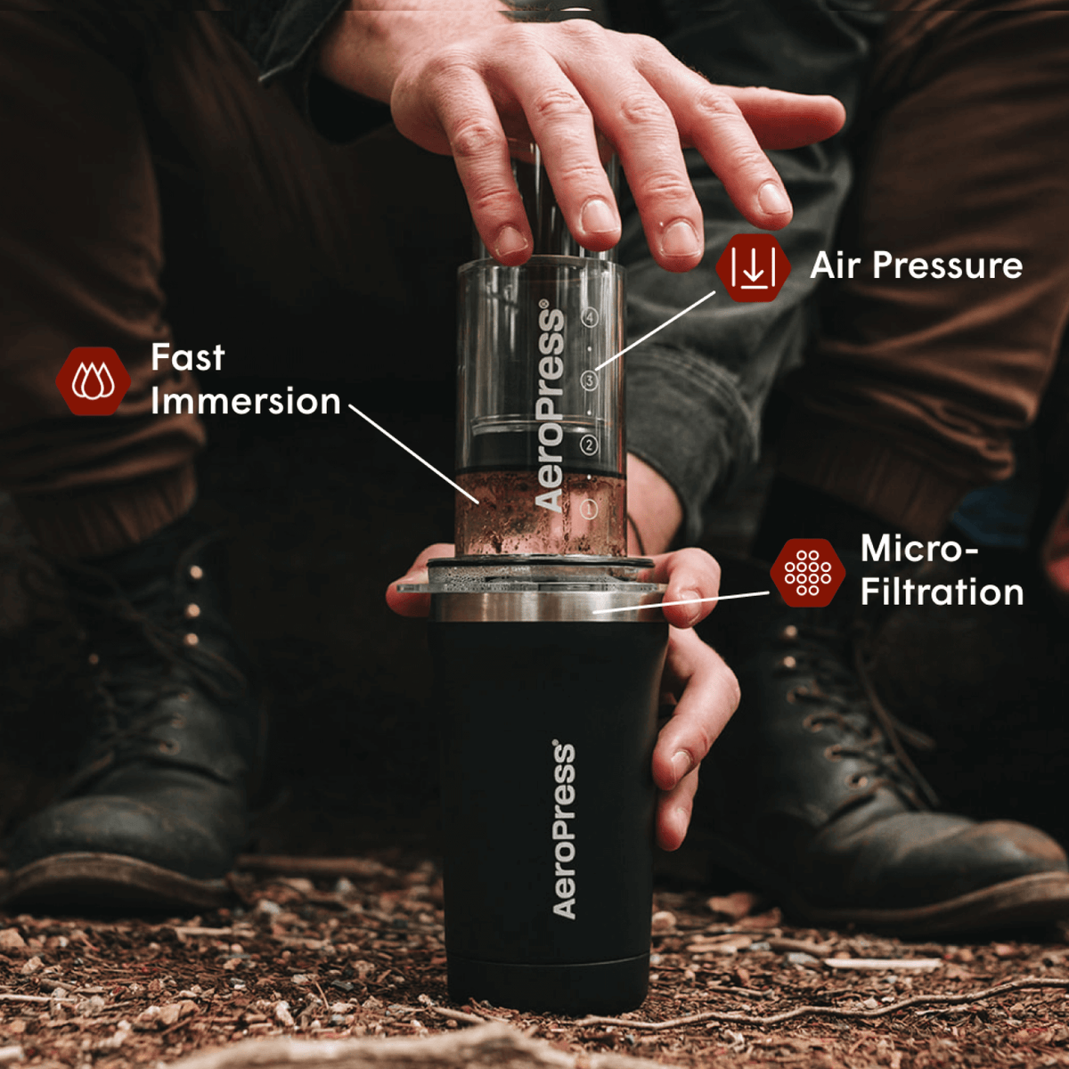 Person using an AeroPress outdoors on a natural background