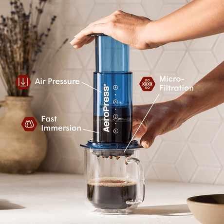 A person using an AeroPress coffee maker with labeled features on a kitchen counter. #color_blue