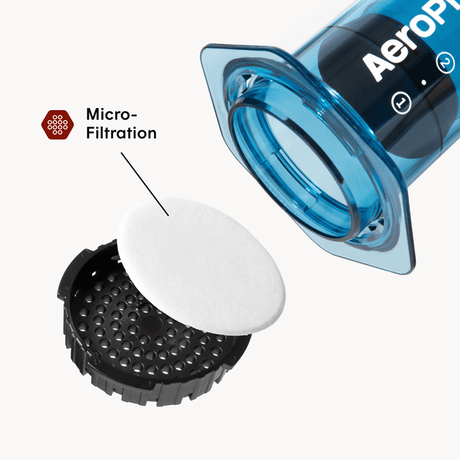 AeroPress coffee maker with filter and micro-filtration component on a white background #color_blue