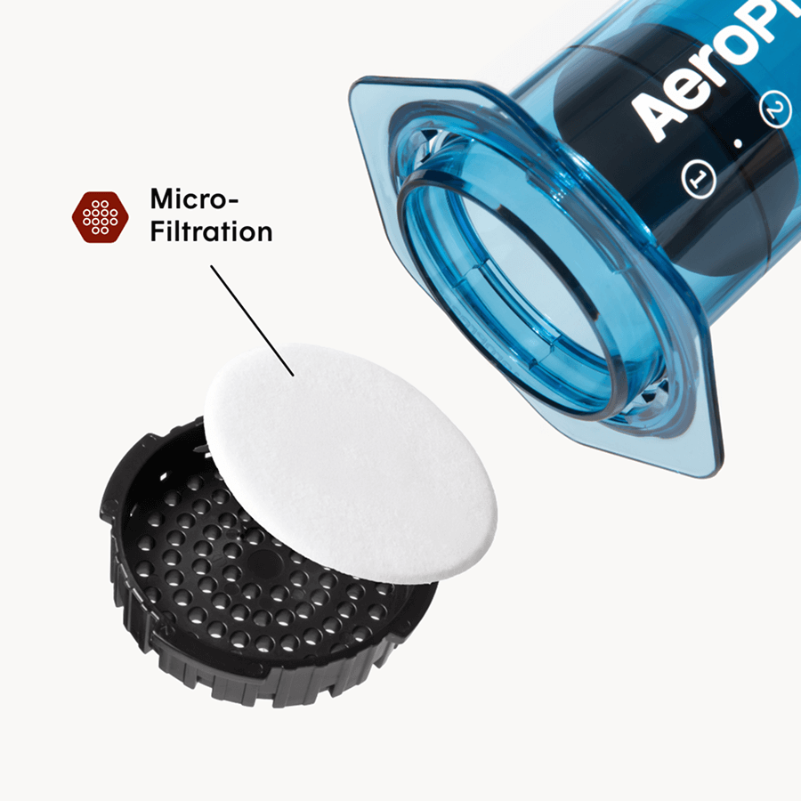 AeroPress coffee maker with filter and micro-filtration component on a white background #color_blue