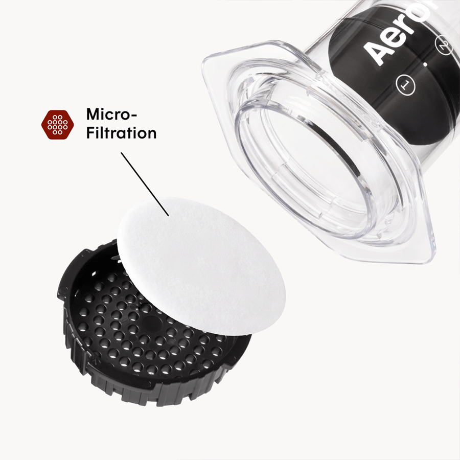 Aeropress coffee maker with a focus on micro-filtration feature.