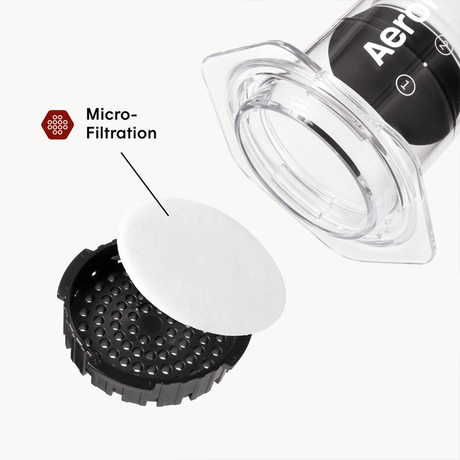 Aeropress coffee maker with a focus on micro-filtration feature.