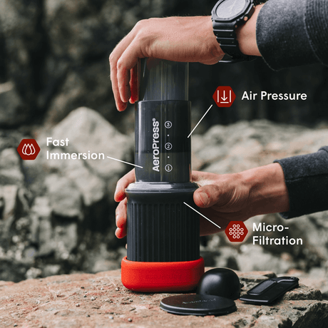 AeroPress Go Coffee Maker, Stainless Steel Filter, & Flow Control Filter Cap Bundle