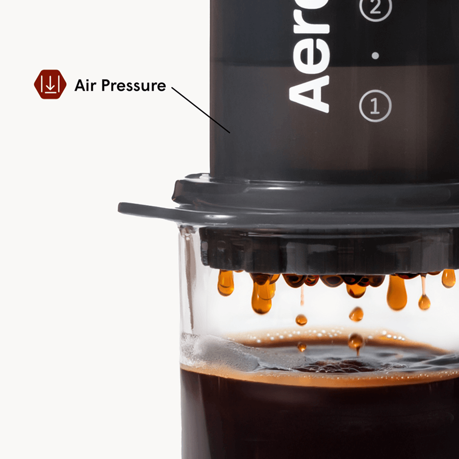 AeroPress coffee maker with coffee being pressed out, labeled 'Air Pressure'.