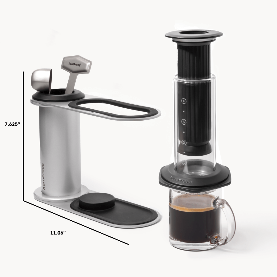 Coffee brewing device with dimensions labeled on a white background #color_black