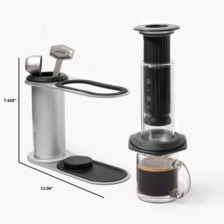 Coffee brewing device with dimensions labeled on a white background #color_black