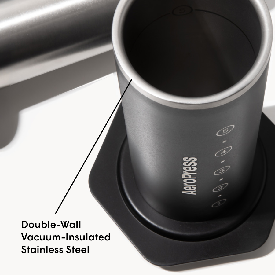 Stainless steel coffee press with double-wall vacuum-insulated feature on a white background #color_black
