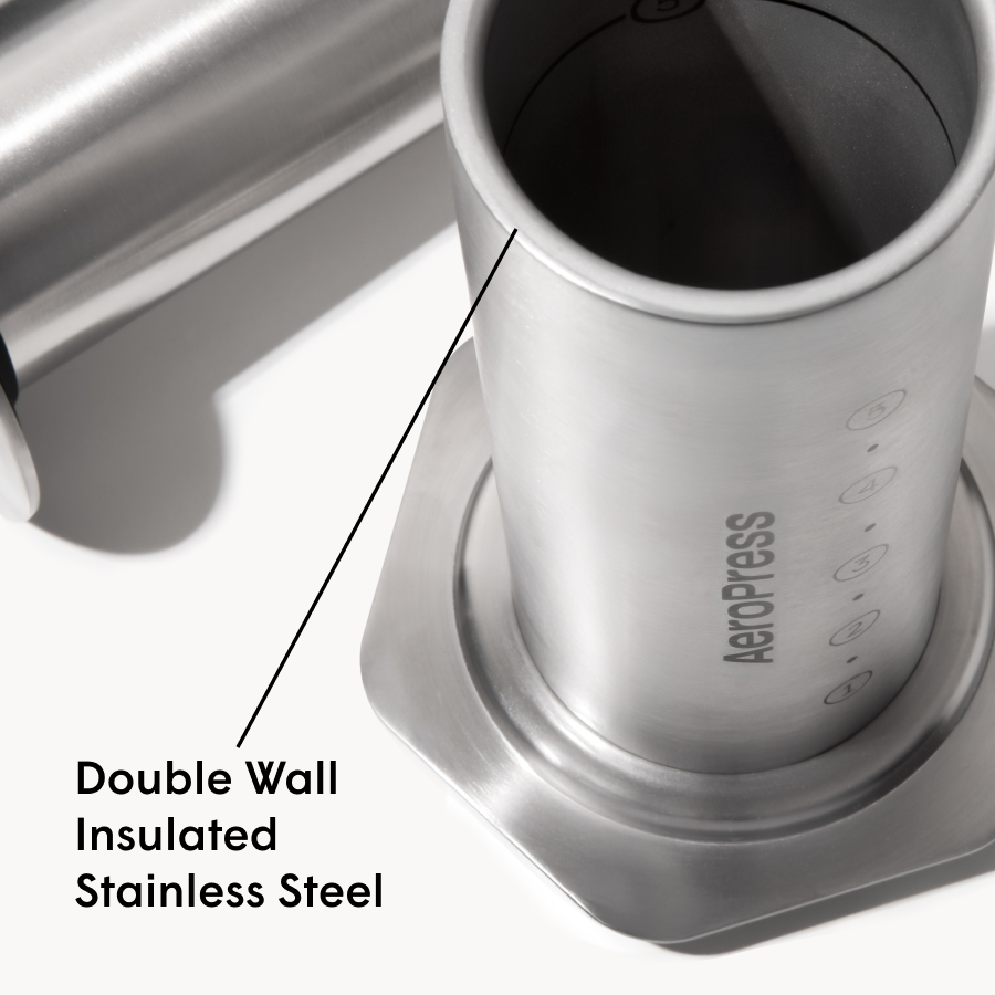Aeropress coffee maker with double wall insulated stainless steel design on a white background #color_silver