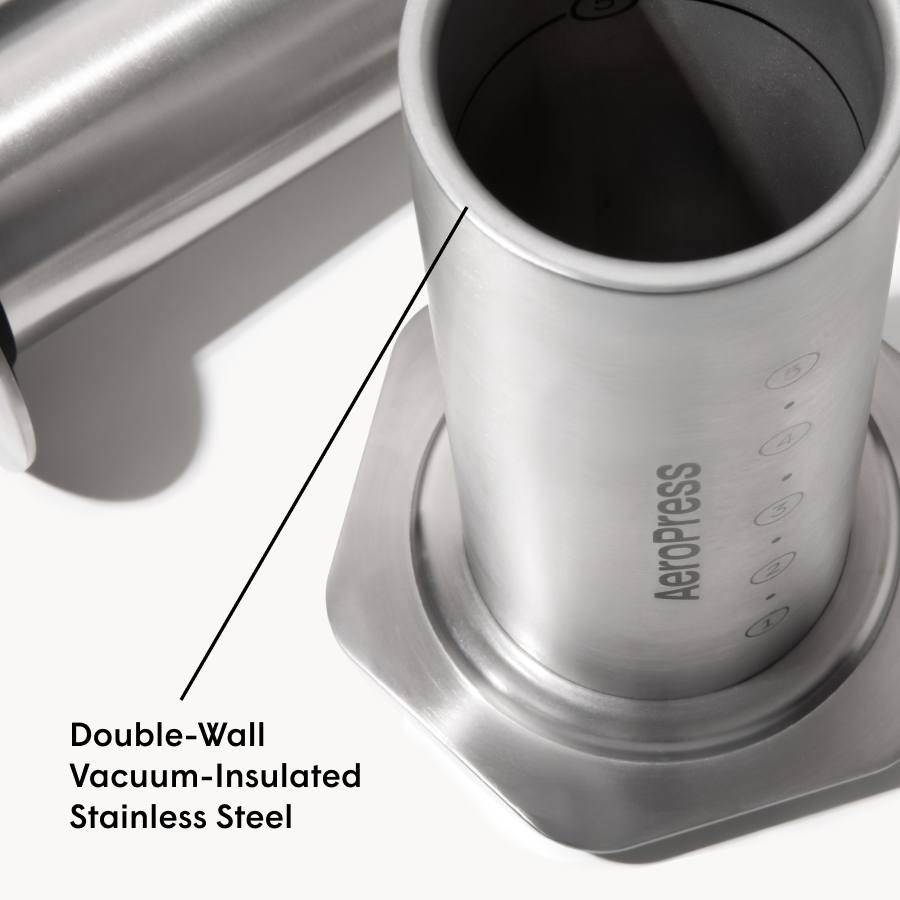 AeroPress coffee maker with double-wall vacuum-insulated stainless steel design on a white background #color_silver
