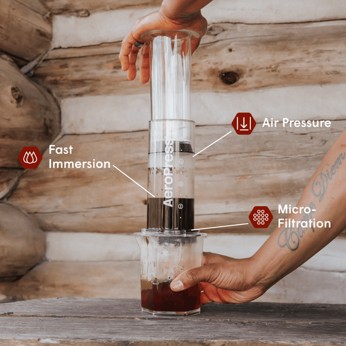A person holding an Aeropress coffee maker with a wooden background