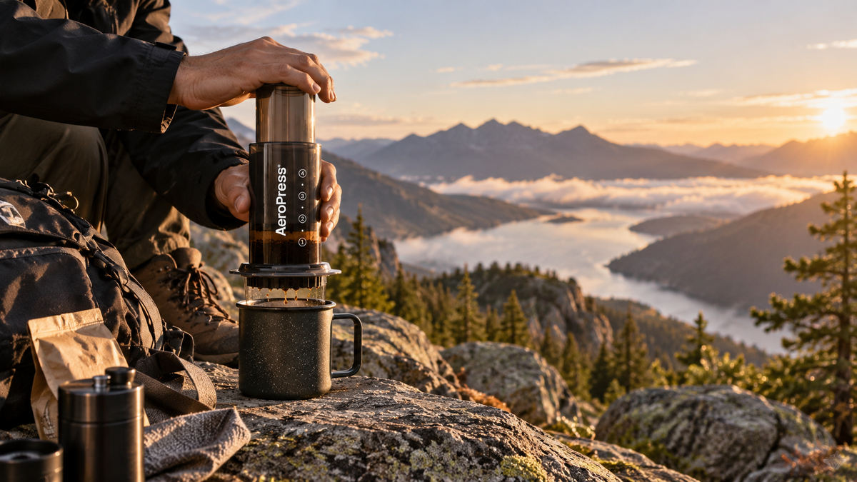 A person outdoors on a mountain ridge at sunrise using an AeroPress to brew coffee into a metal mug, with a backpack and misty valley landscape in the background.