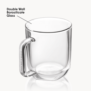 Clear glass mug with handle on a white background