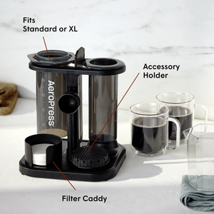 Aeropress coffee maker with labeled parts on a white background