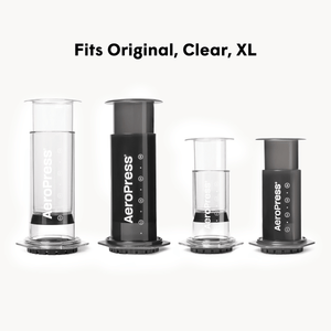 Aeropress coffee brewing device in different sizes on a white background