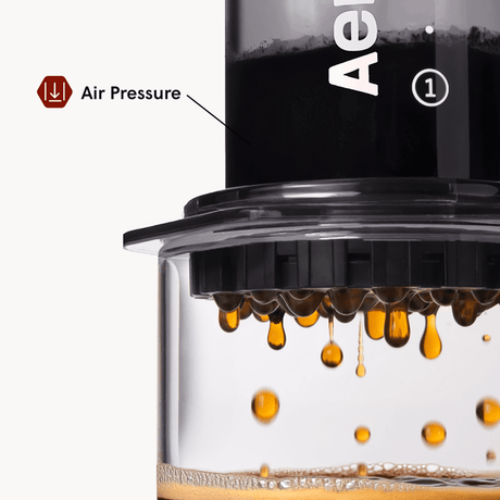 Close-up of a coffee brewing device with air pressure labeled, showing coffee dripping. #color_black
