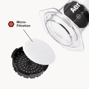 Aeropress coffee maker with a focus on micro-filtration feature.