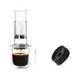Aeropress coffee maker with a cup of coffee and a black filter on a white background Clear Pink #color_clear