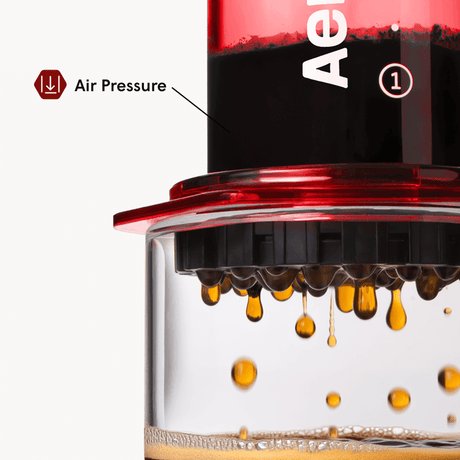 Close-up of a coffee brewing device with air pressure indicator and liquid dripping. #color_red