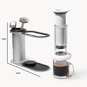 Coffee maker with dimensions and a glass of coffee on a white background  #color_white