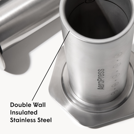 Aeropress coffee maker with double wall insulated stainless steel design on a white background #color_silver