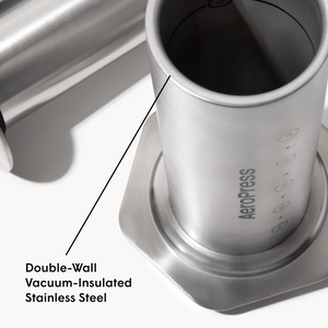 AeroPress coffee maker with double-wall vacuum-insulated stainless steel design on a white background #color_silver
