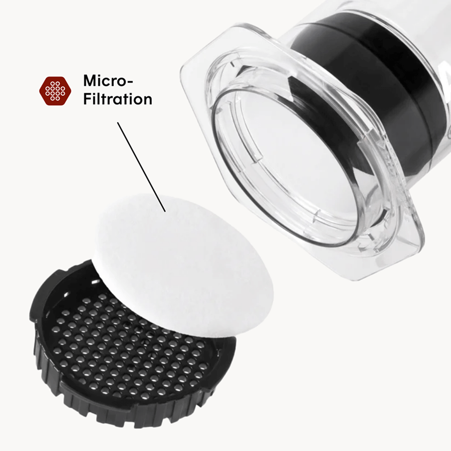Filter components with micro-filtration labeled on a white background