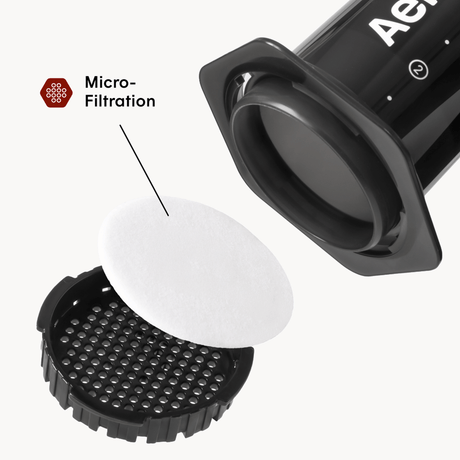 Filter components with 'Micro-Filtration' label and 'Aeropress' branding.